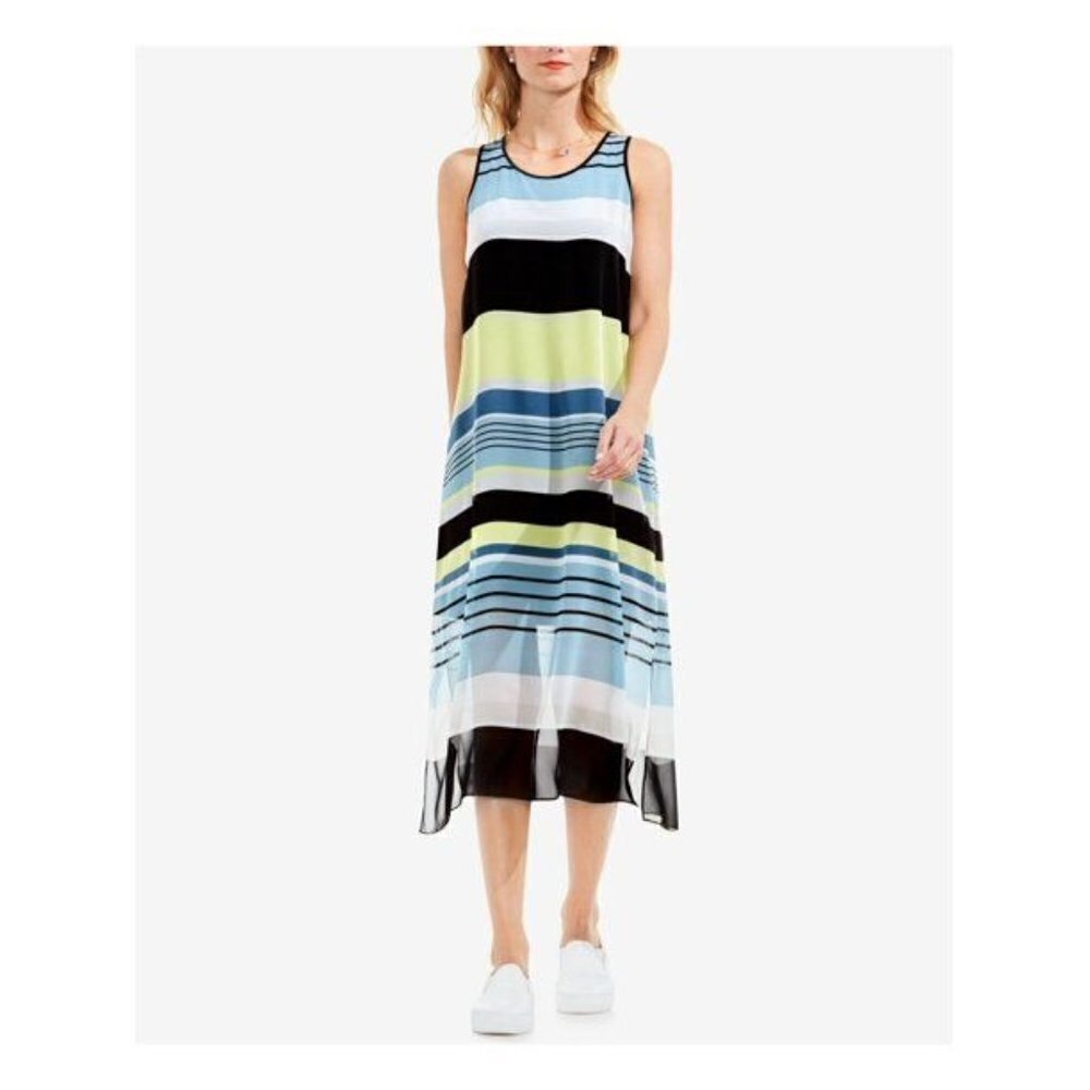 Vince Camuto Midi Dress XS Petite Sleeveless Striped Chiffon Flowy Sheer